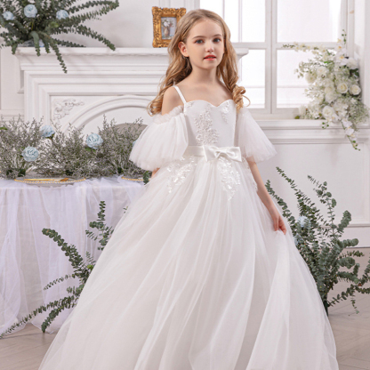Mesh Bow Lace Short Sleeve Maxi Dresses - White - 14Y - image 10