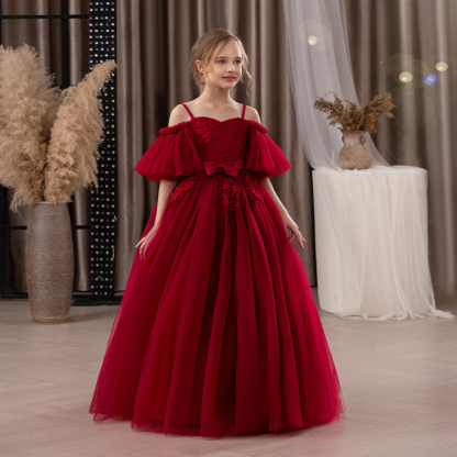 Mesh Bow Lace Short Sleeve Maxi Dresses - Red - 14Y - image 14