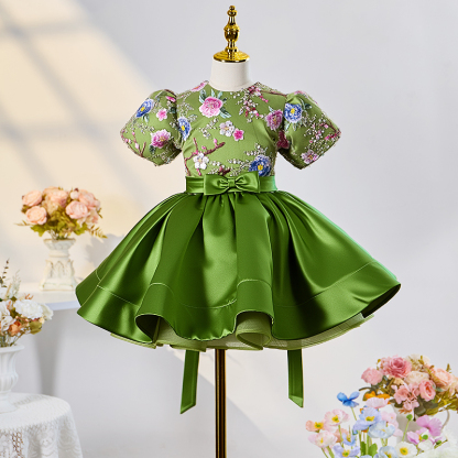 Satin Rosette Short Sleeve Mid-long Dresses - Green - 13-14Y - image 1