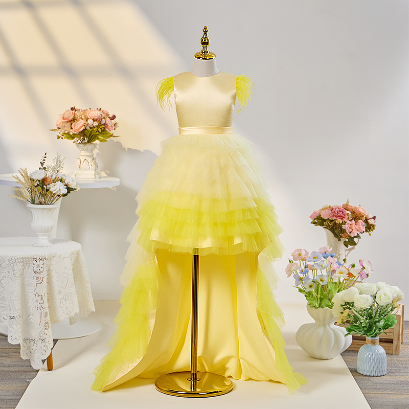 Mesh Folds Feather-trimmed Sleeveless Maxi Dresses - Yellow - 13-14Y - image 1
