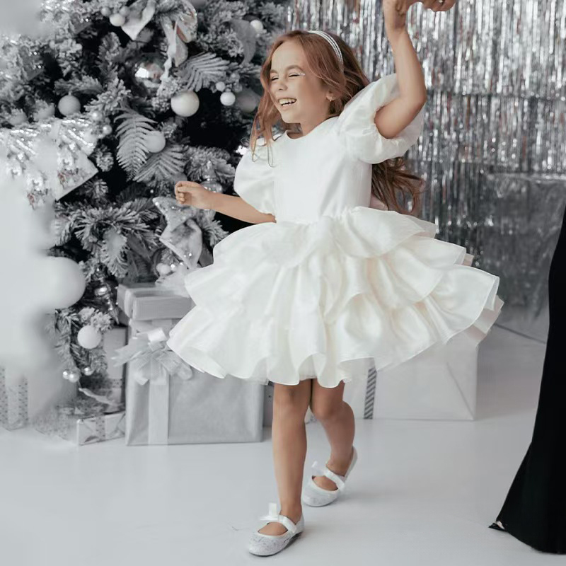 Satin Folds Bow Short Sleeve Midi Dresses - White - 9-10Y - image 8