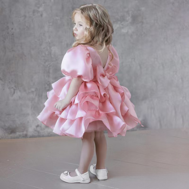Satin Folds Bow Short Sleeve Midi Dresses - image 3