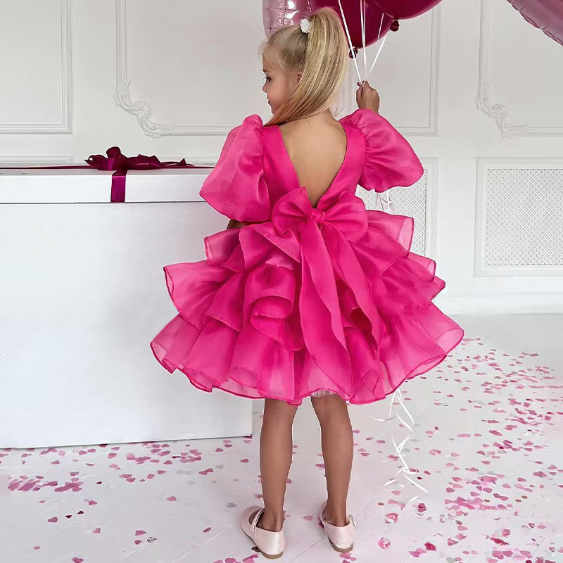 Satin Folds Bow Short Sleeve Midi Dresses - Red - 9-10Y - image 10