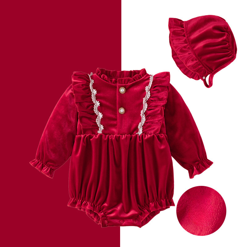 [Archive Sale] Velvet With Hat Long Sleeve Crop Bodysuit - Red - 12-24M - image 1