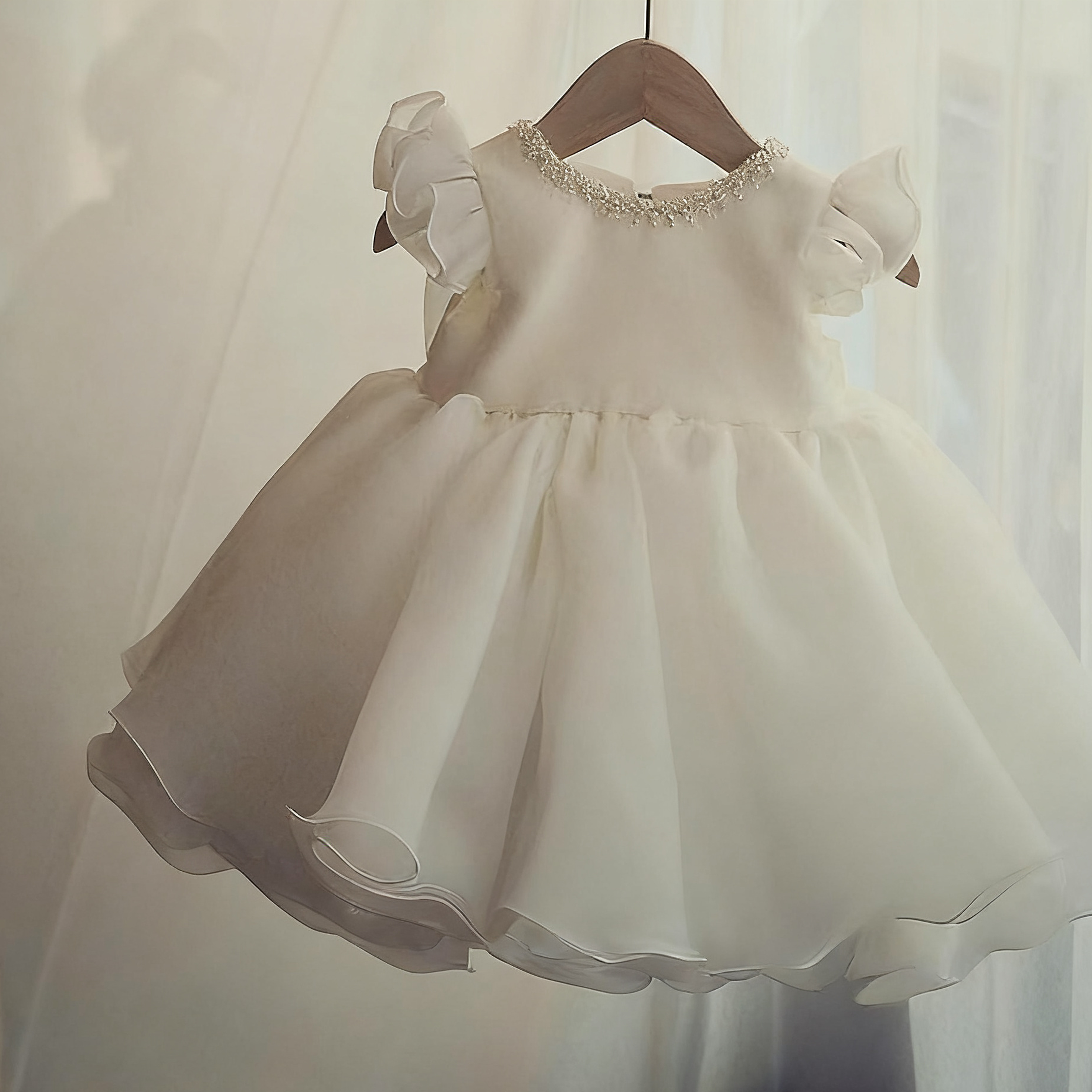 Organza Imitation Pearls Bow Cap Sleeve Midi Dresses - image 6