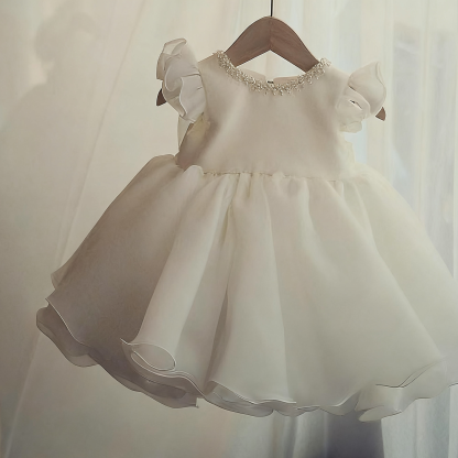 Organza Imitation Pearls Bow Cap Sleeve Midi Dresses - image 6