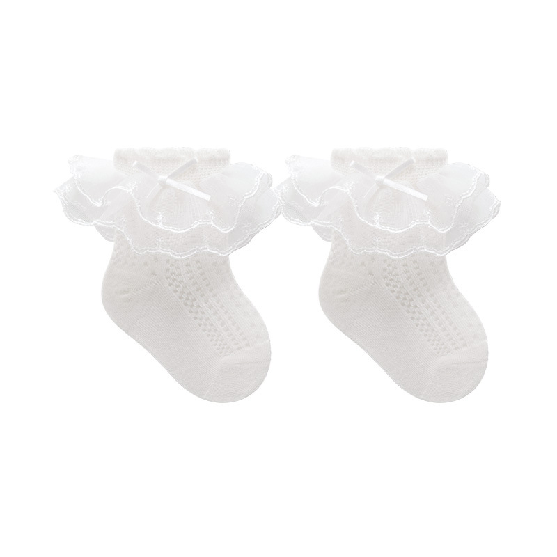 100% Cotton Solid Stitching Lace Socks - White - 5-8Y - image 1