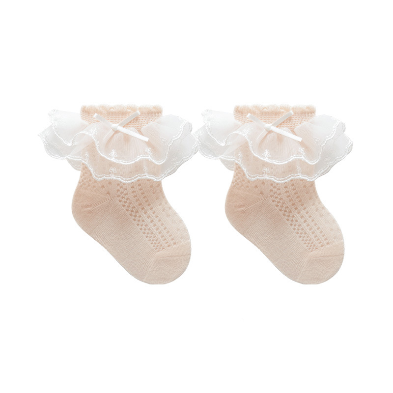 100% Cotton Solid Stitching Lace Socks - Pink - 5-8Y - image 6