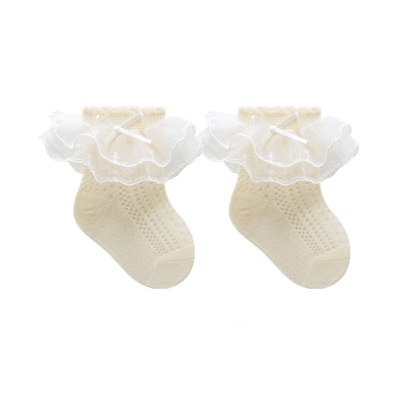 100% Cotton Solid Stitching Lace Socks - Beige - 5-8Y - image 7