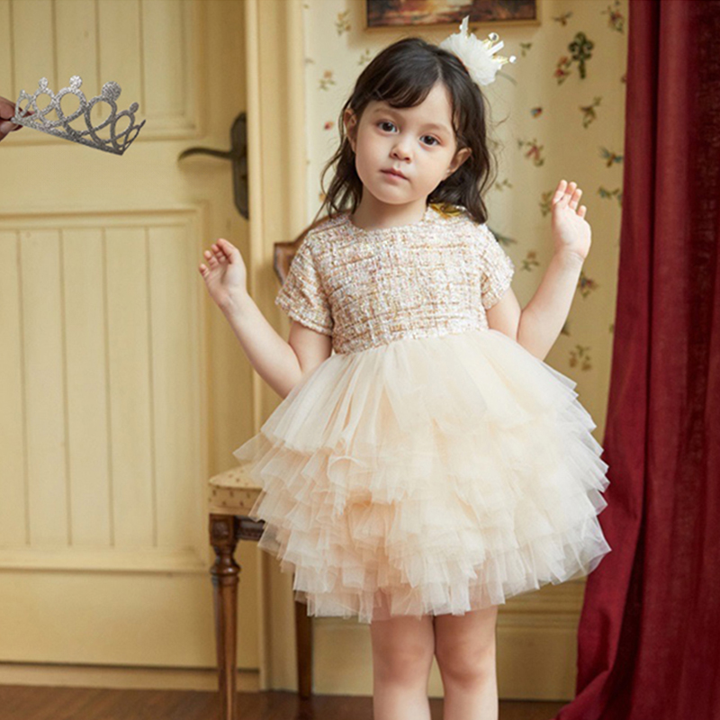 [Archive Sale] Mesh Folds Short Sleeve Midi Dresses - Beige - 110cm - image 1