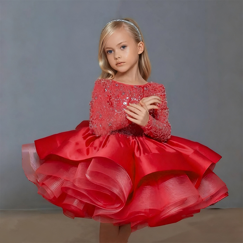 Satin Folds Sequins Long Sleeve Midi Dresses - Red - 15-16Y - image 4