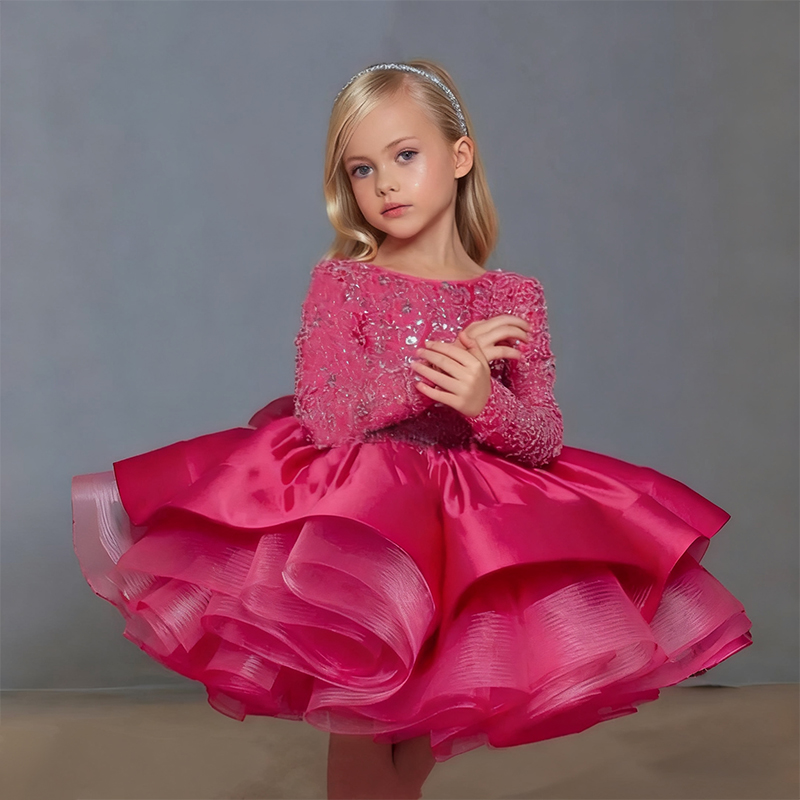 Satin Folds Sequins Long Sleeve Midi Dresses - Rosy Pink - 15-16Y - image 16