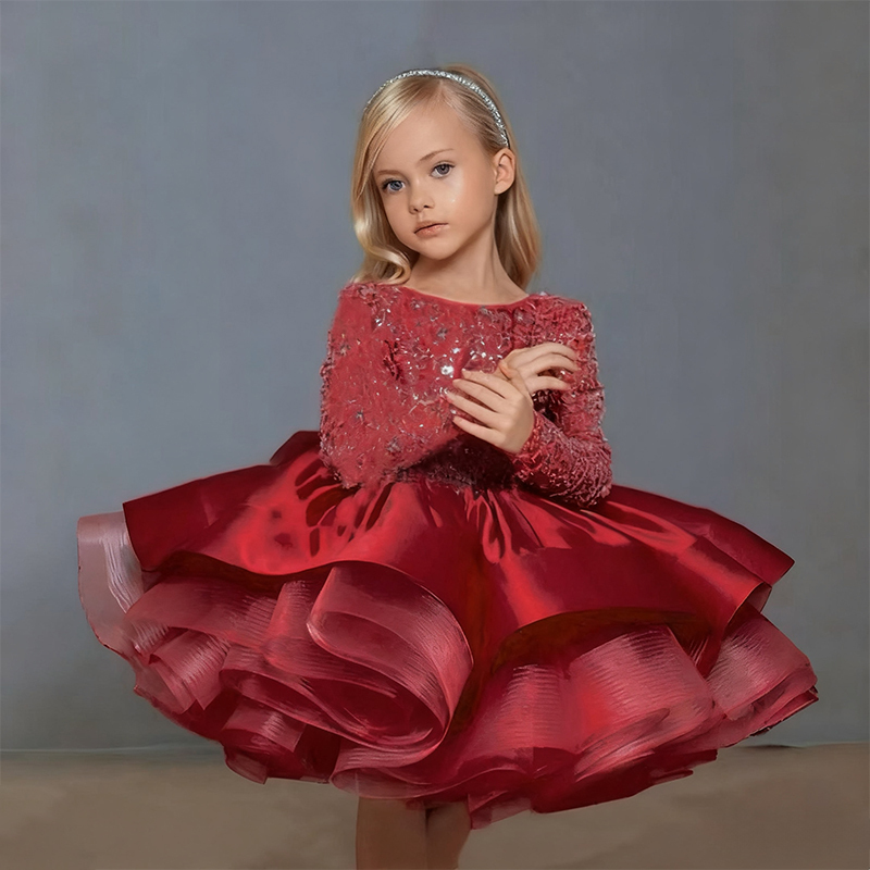 Satin Folds Sequins Long Sleeve Midi Dresses - Dark Red - 15-16Y - image 15