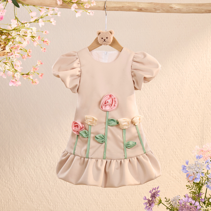 Air Layer Three-dimensional Decoration Short Sleeves Midi Dresses - Beige - 4Y - image 1