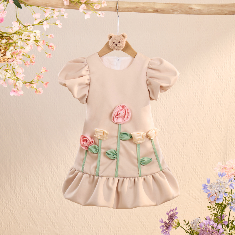 Air Layer Three-dimensional Decoration Short Sleeves Midi Dresses - Beige - 4Y - image 1