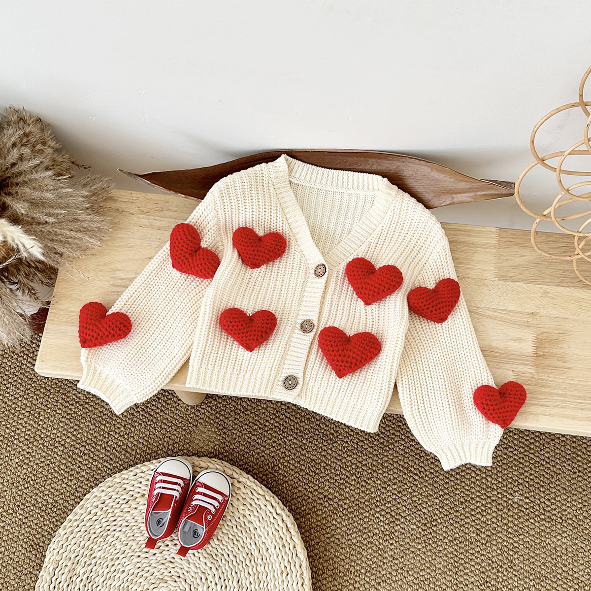 Knitwear Heart Long Sleeve Regular Outerwear - Beige - 2-3Y - image 1