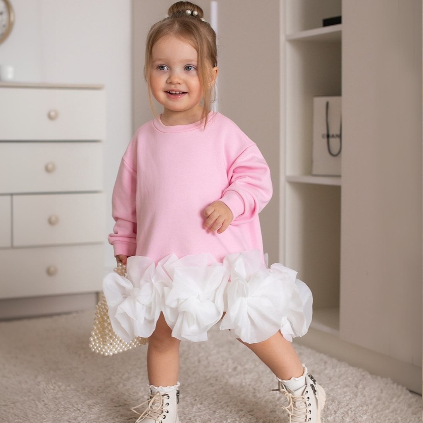 100% Cotton Fleece Split Joint Long Sleeve Midi Dresses - Pink - 5Y - image 1