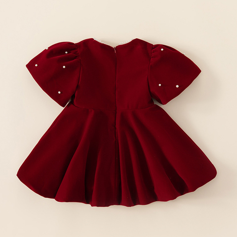 Velvet Imitation Pearls Short Sleeve Midi Dresses - image 3