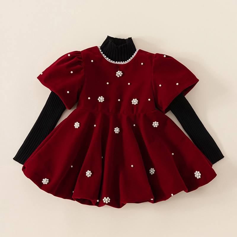 Velvet Imitation Pearls Short Sleeve Midi Dresses - image 2