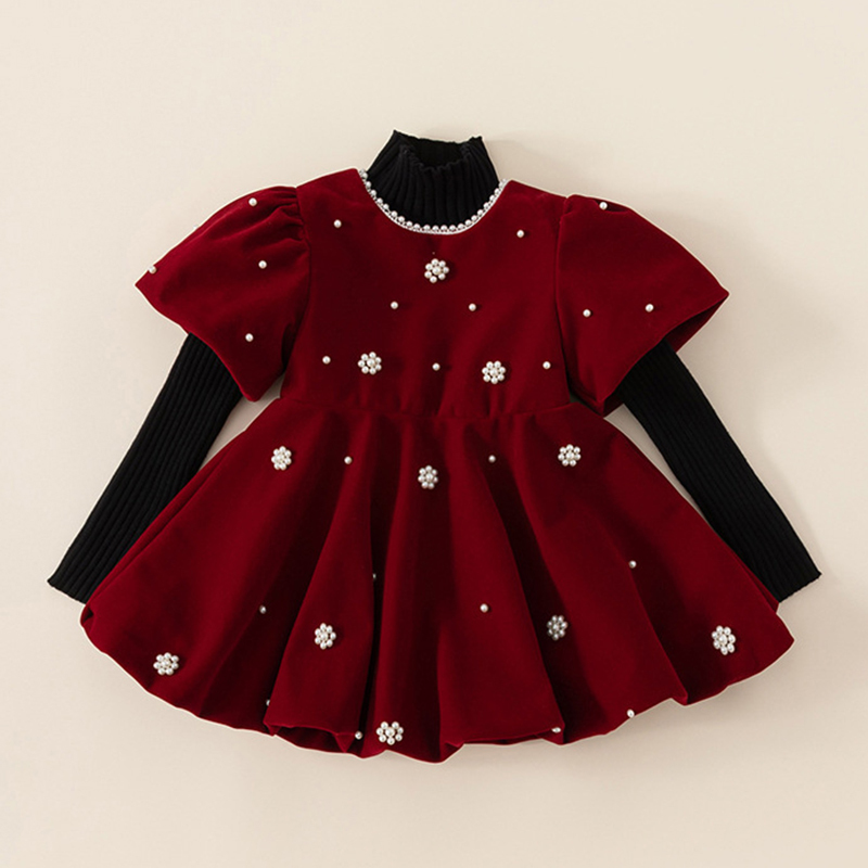Velvet Imitation Pearls Short Sleeve Midi Dresses - image 2