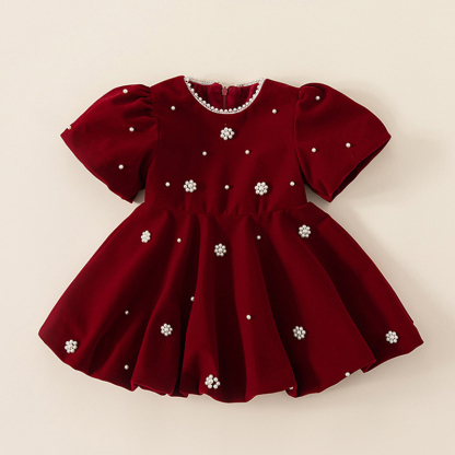 Velvet Imitation Pearls Short Sleeve Midi Dresses - Red - 140cm - image 1