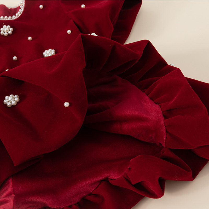 Velvet Imitation Pearls Short Sleeve Midi Dresses - image 8