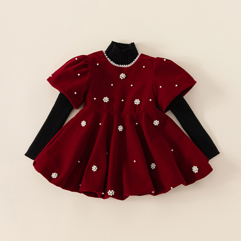 Velvet Imitation Pearls Short Sleeve Midi Dresses - image 5