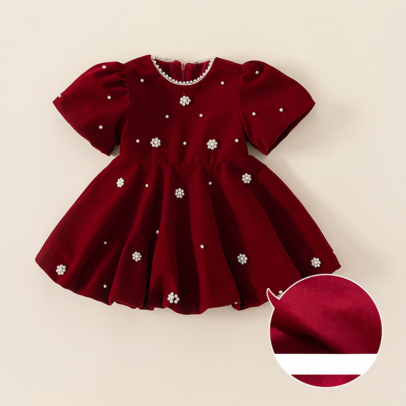 Velvet Imitation Pearls Short Sleeve Midi Dresses - Fleece-lined Red - 140cm - image 4