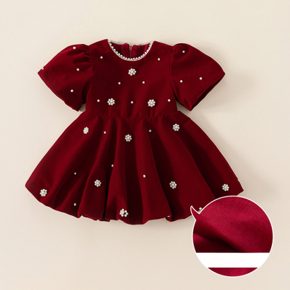 Velvet Imitation Pearls Short Sleeve Midi Dresses - Fleece-lined Red - 140cm - image 4