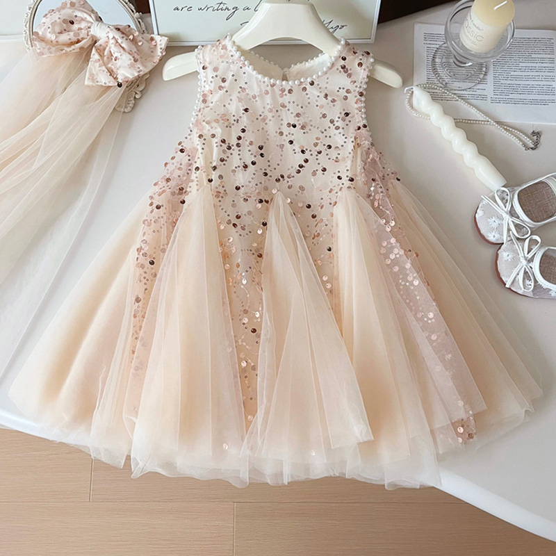 Mesh Sequins Folds Sleeveless Midi Dresses - Beige - 140cm - image 4