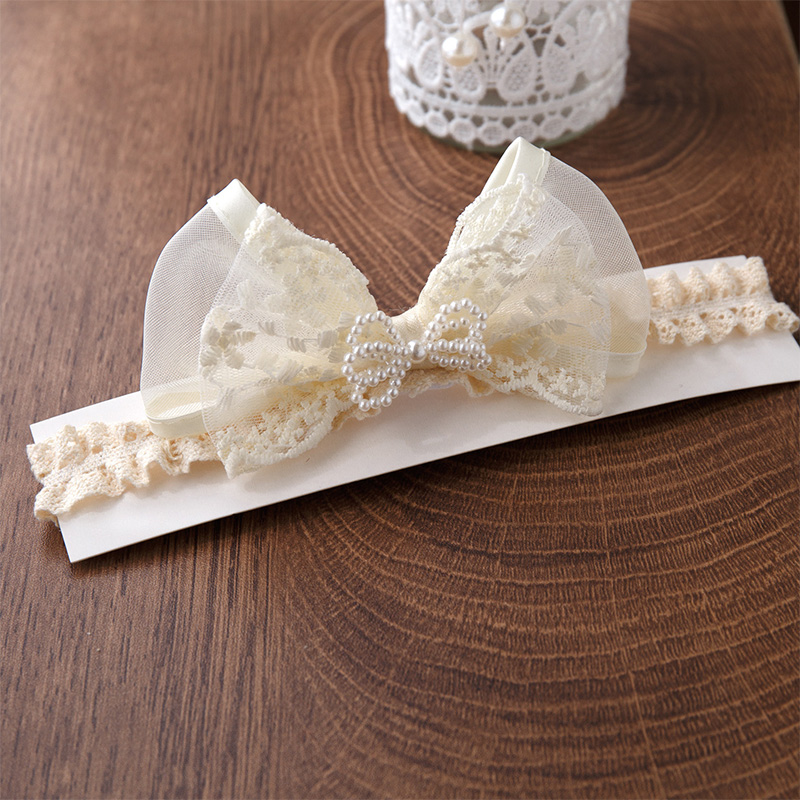 Solid With Bow Hairband - Beige - Pearl Bow - image 2