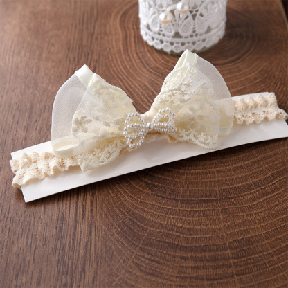 Solid With Bow Hairband - Beige - Pearl Bow - image 2
