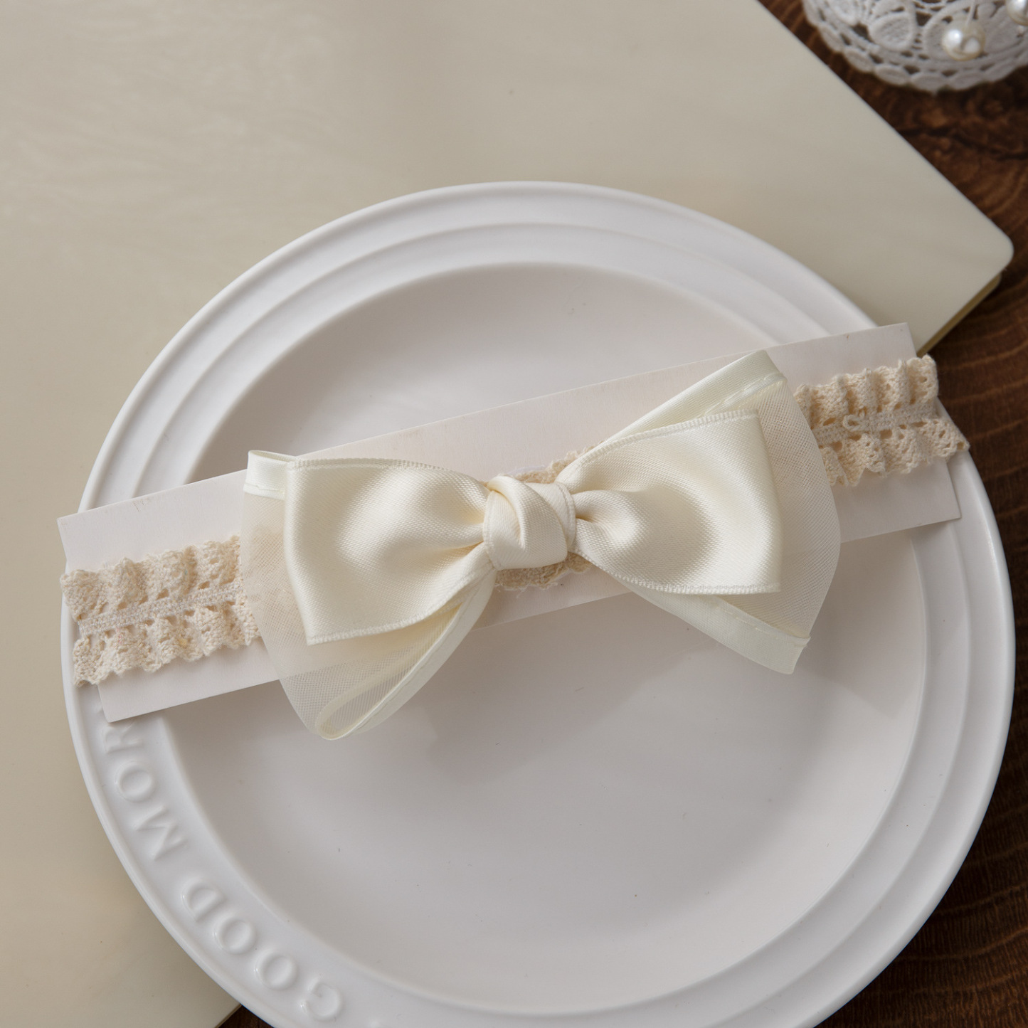 Solid With Bow Hairband - Beige - Double Bow - image 4