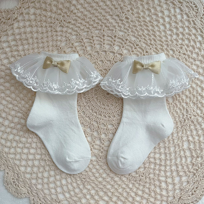 100% Cotton Solid With Bow Socks - White - 3-5Y - image 2