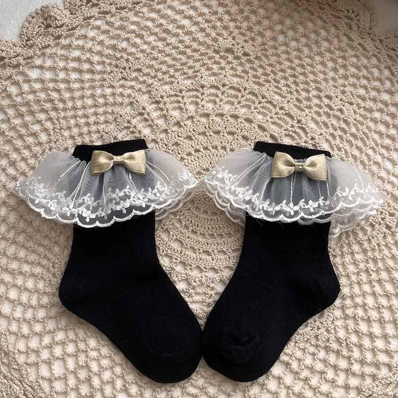 100% Cotton Solid With Bow Socks - Black - 3-5Y - image 3