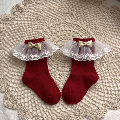 100% Cotton Solid With Bow Socks - Red - 3-5Y - image 7