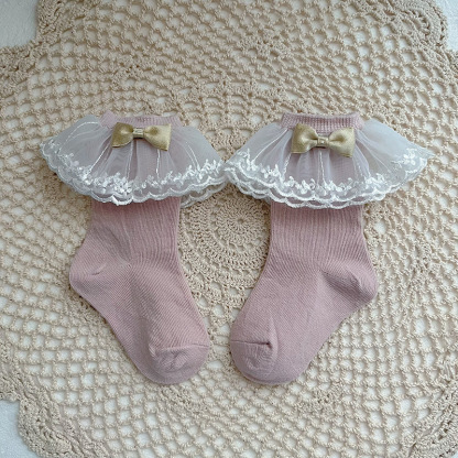 100% Cotton Solid With Bow Socks - Pink - 3-5Y - image 5