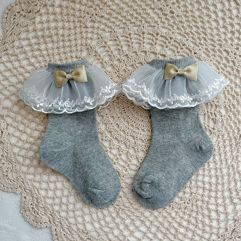 100% Cotton Solid With Bow Socks - Grey - 3-5Y - image 6