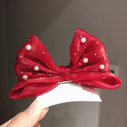 Solid With Pearls Tulle Barrette - Red - image 3