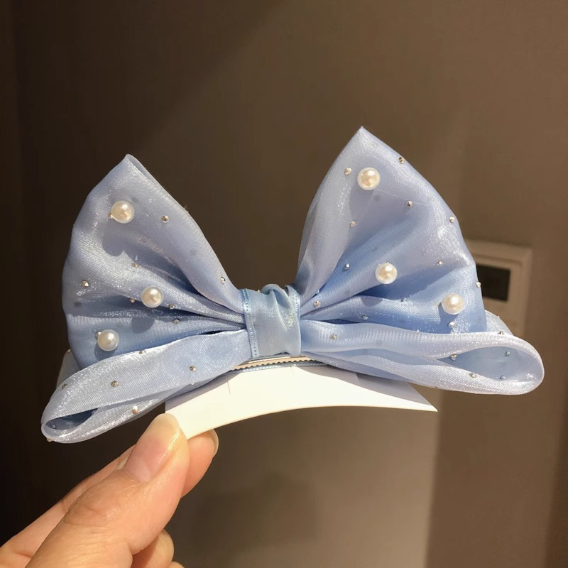 Solid With Pearls Tulle Barrette - Blue - image 4