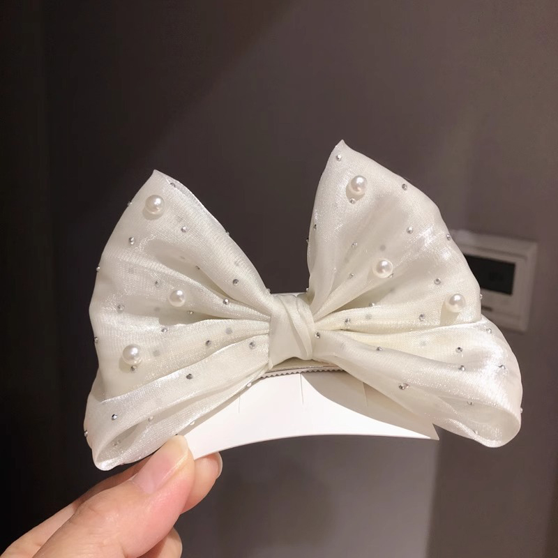 Solid With Pearls Tulle Barrette - Beige - image 2