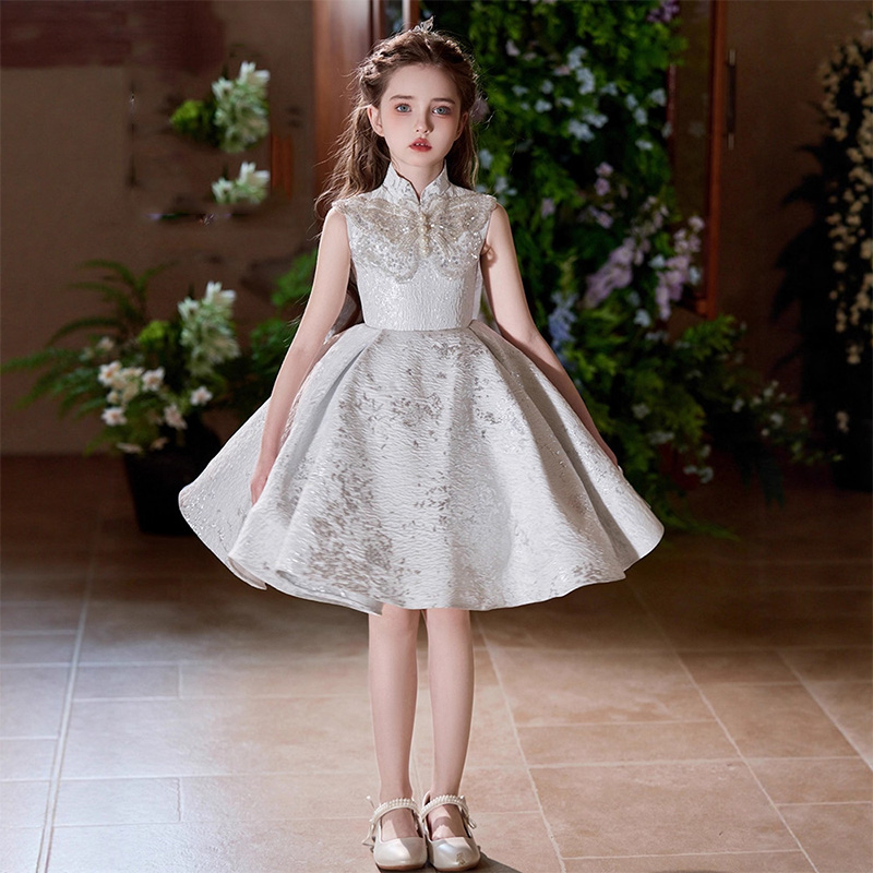 Jacquard Bow Imitation Pearls Sleeveless Midi Dresses - Grey - 9-11Y - image 1
