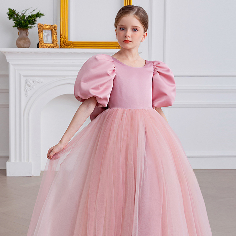 Satin Bow Folds Short Sleeves Maxi Dresses - Pink - 12Y - image 1