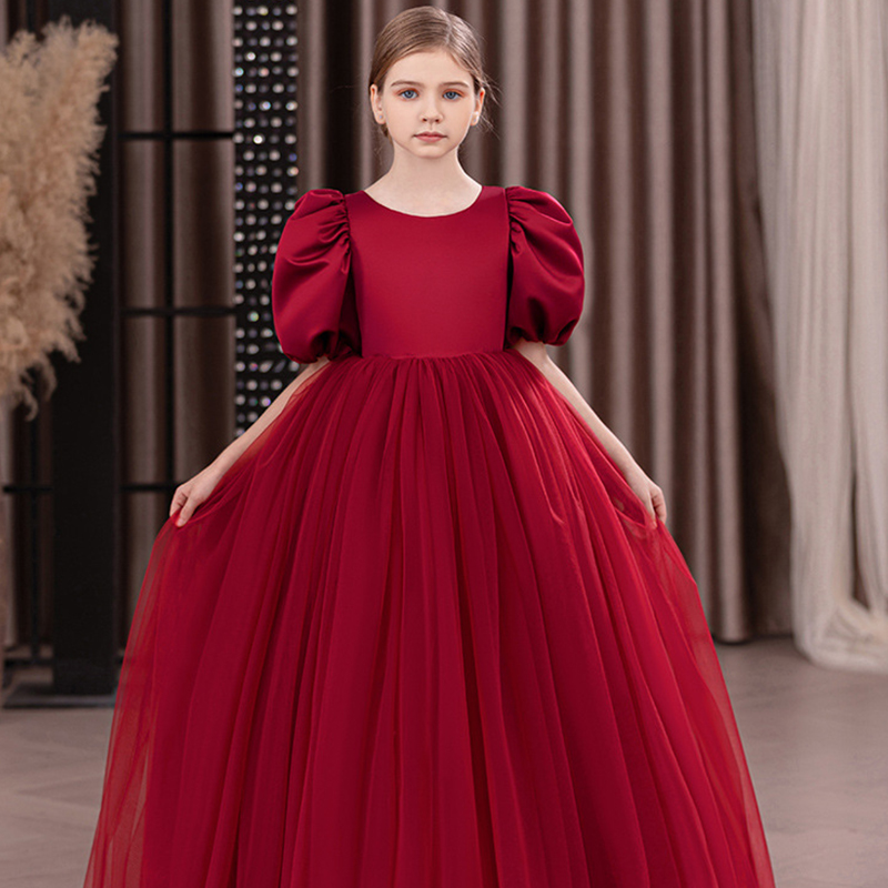 Satin Bow Folds Short Sleeves Maxi Dresses - Red - 12Y - image 6