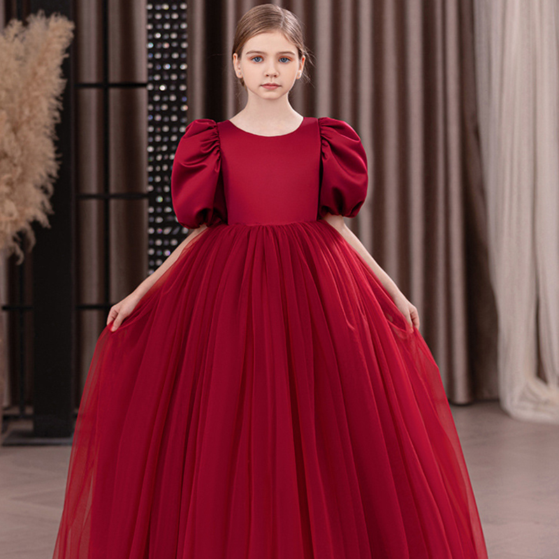 Satin Bow Folds Short Sleeves Maxi Dresses - Red - 12Y - image 6