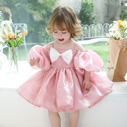 Organza Bow Gallus Midi Dresses - Pink - 4Y - image 1