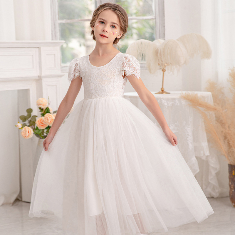 Mesh Lace Cap Sleeves Maxi Dresses - White - 8Y - image 1