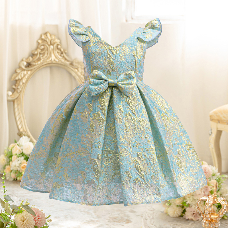 [Archive Sale] Jacquard Bow Short Sleeves Midi Dresses - Blue - 3-4Y【110cm】 - image 1