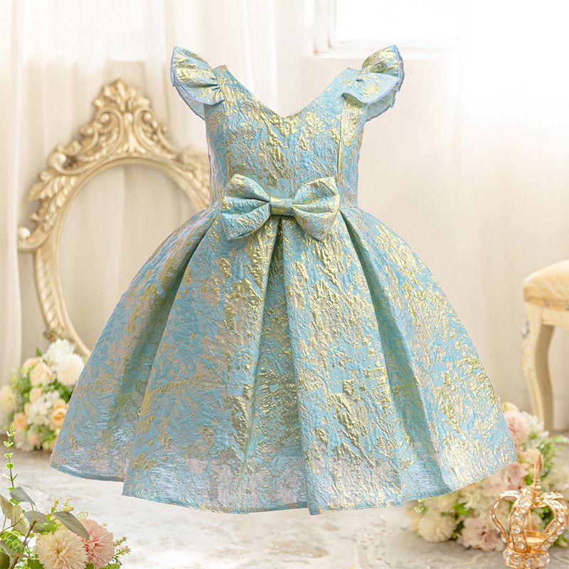 [Archive Sale] Jacquard Bow Short Sleeves Midi Dresses - Blue - 3-4Y【110cm】 - image 1