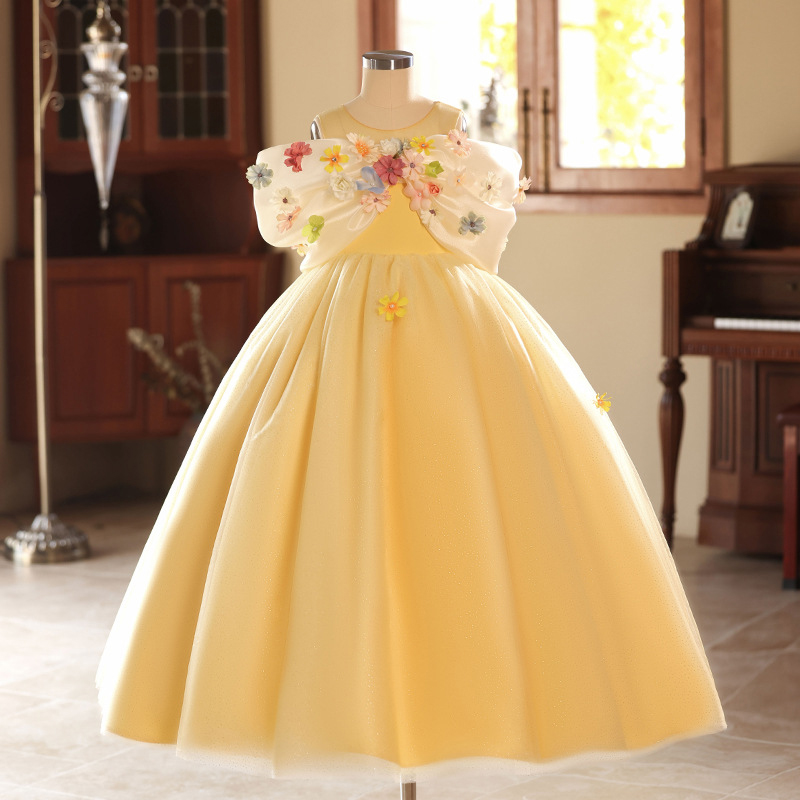 Cotton-blend Rosette Short Sleeves Maxi Dresses - Yellow - 13-14Y - image 1